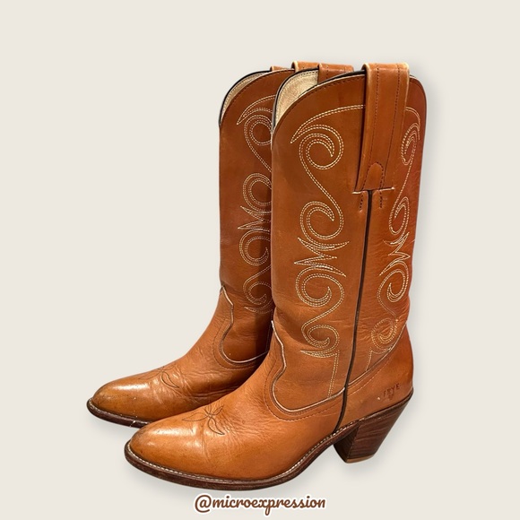 1980 RARE VINTAGE Frye Leather Pull On Brown Tan Embroidered Cowboy Western Boot - Picture 6 of 12